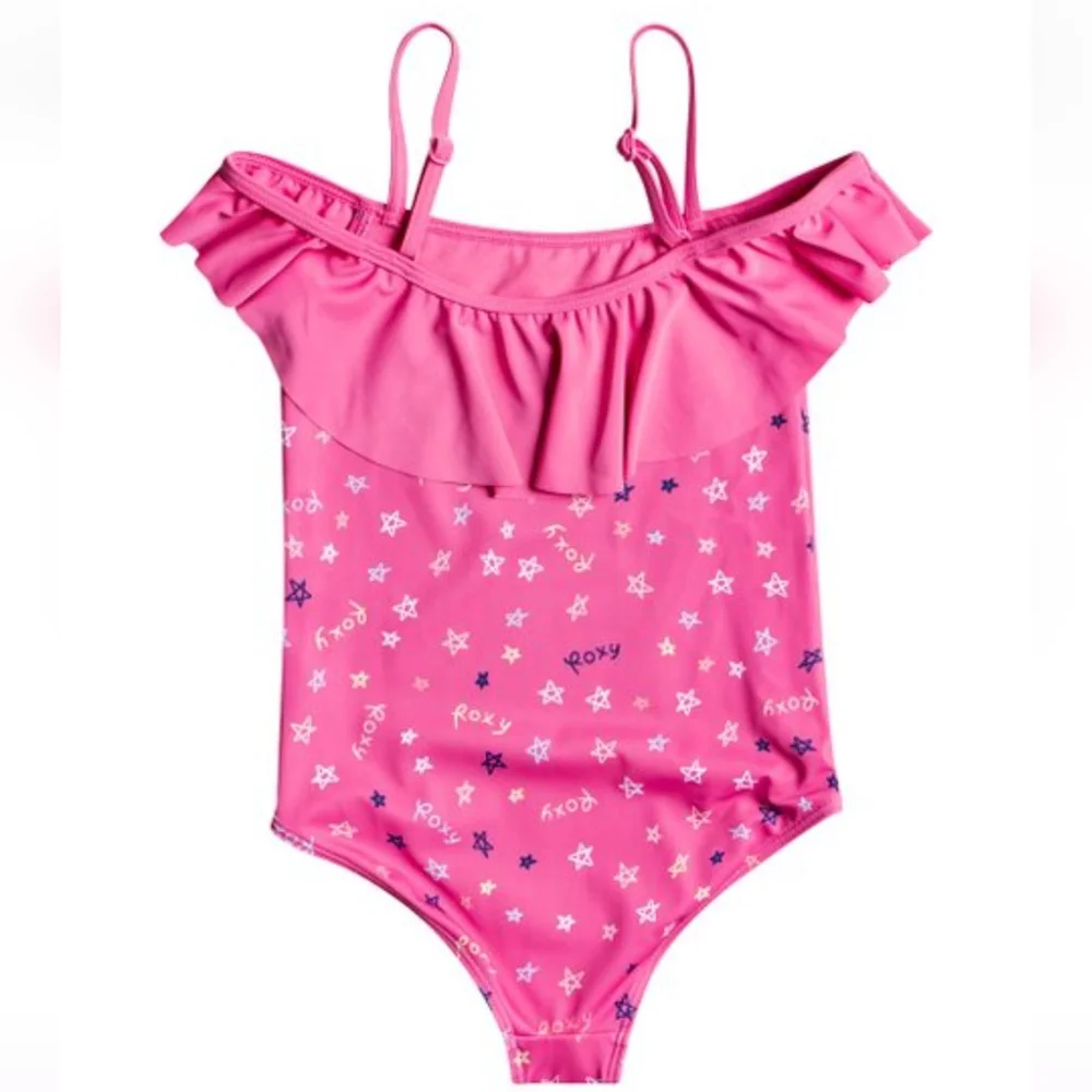 Roxy Pink Guava Tiny Stars Ruffle Off Shoulder One Piece Swim Suit Size 4T